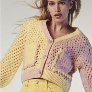 Zara Yellow & Pink Open Crochet Cardigan